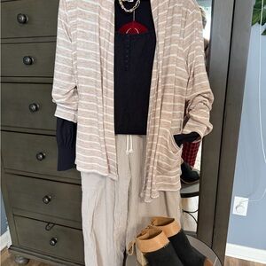 Striped Beige Cardigan with Black and Tan Boost , beige pants and black blouse